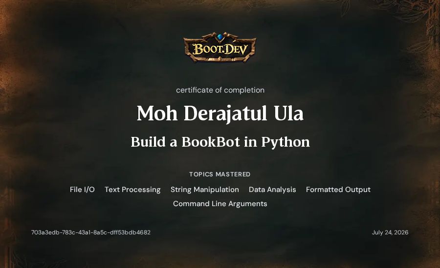 Moh Derajatul Ula's Boot.dev Build a BookBot in Python certificate