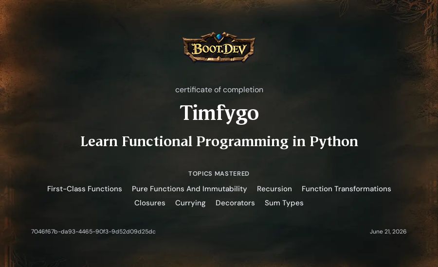 Timfygo's Boot.dev Learn Functional Programming in Python certificate