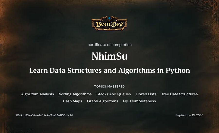 NhimSu's Boot.dev Learn Data Structures and Algorithms in Python certificate
