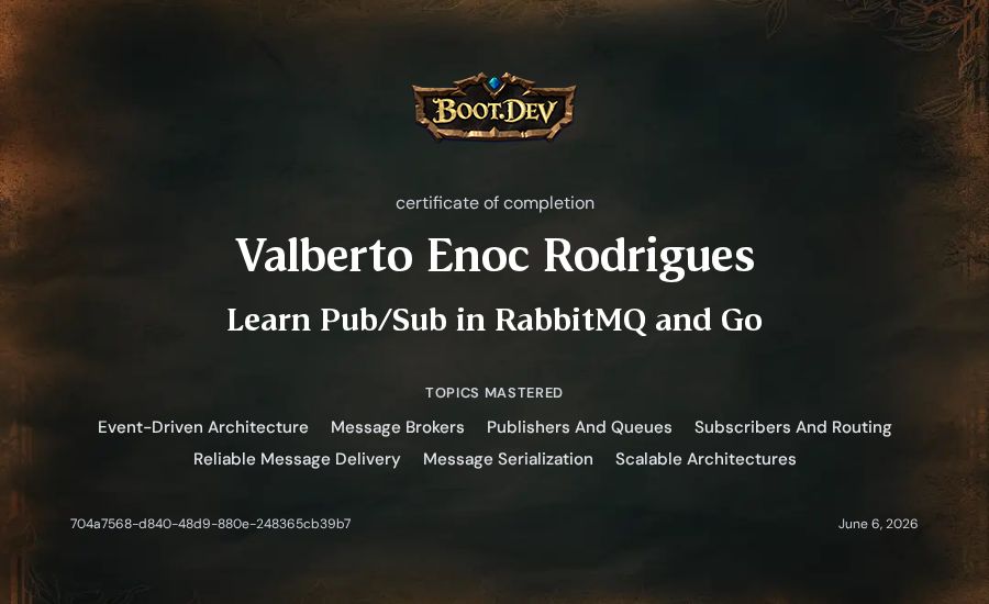 Valberto Enoc Rodrigues's Boot.dev Learn Pub/Sub in RabbitMQ and Go certificate