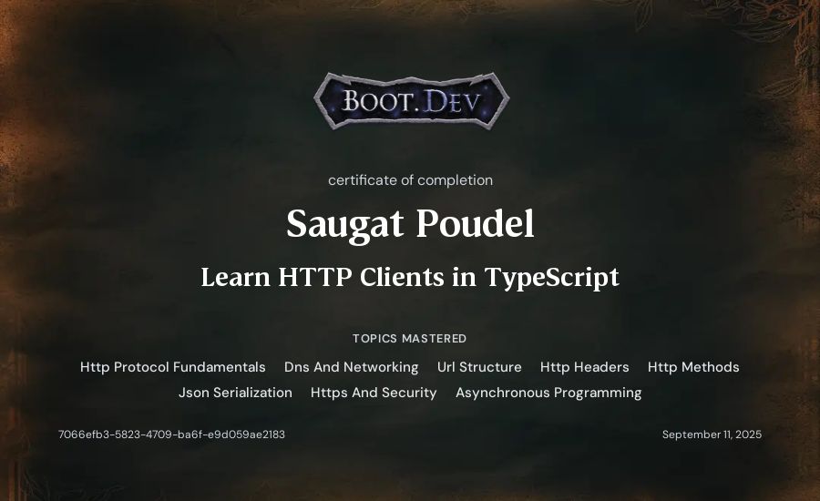 Saugat Poudel's Boot.dev Learn HTTP Clients in TypeScript certificate