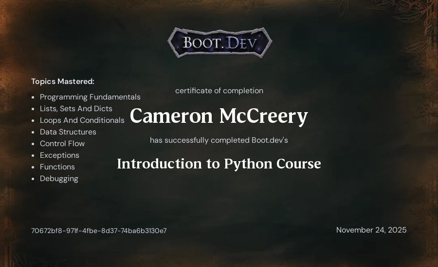 Cameron McCreery's Boot.dev Introduction to Python Course certificate