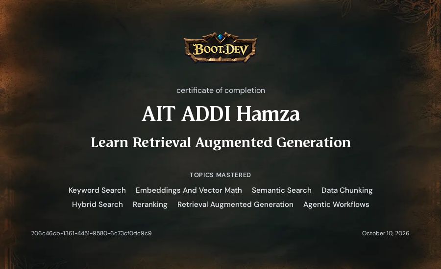 AIT ADDI Hamza's Boot.dev Learn Retrieval Augmented Generation certificate