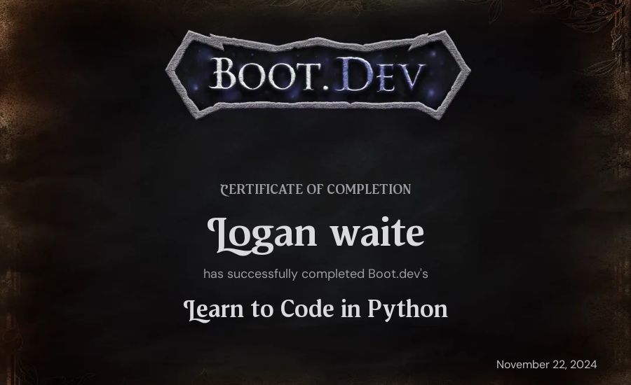 Logan waite's Boot.dev Introduction to Python Course certificate