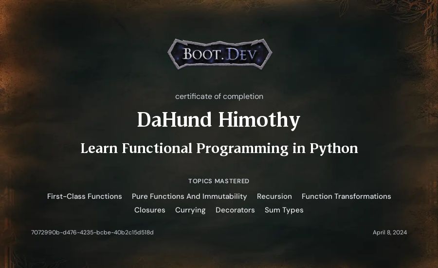 DaHund Himothy's Boot.dev Learn Functional Programming in Python certificate