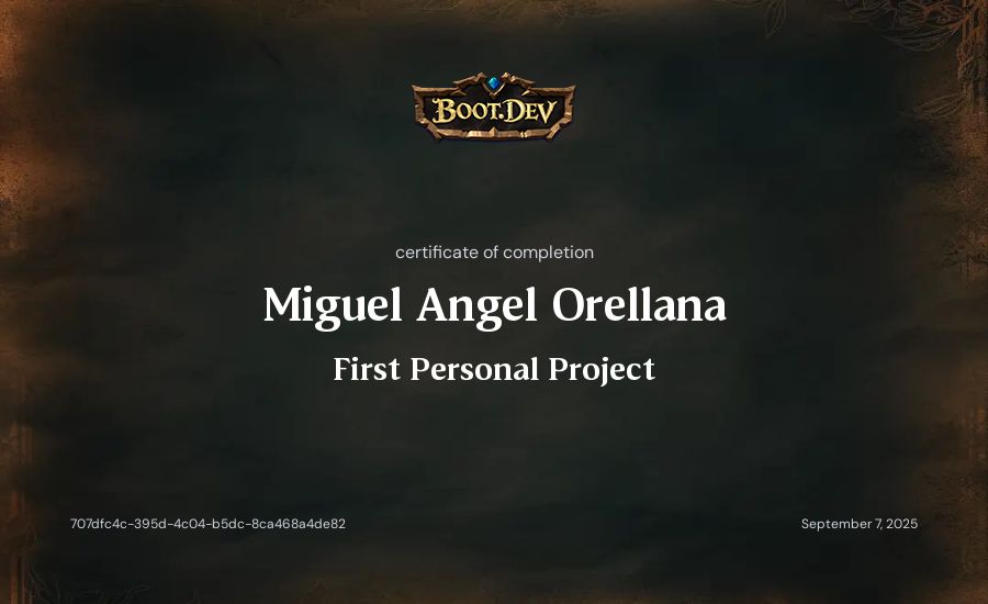 Miguel Angel Orellana's Boot.dev First Personal Project certificate
