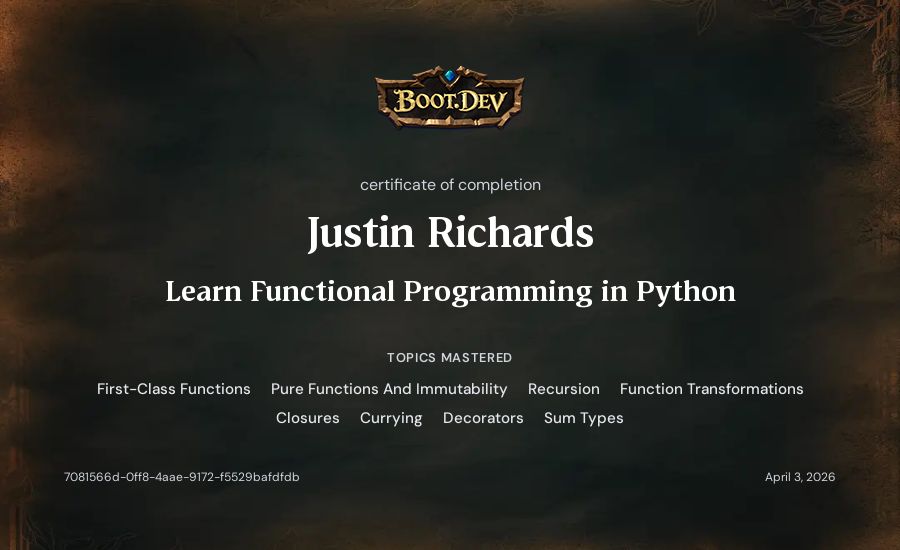 Justin Richards's Boot.dev Learn Functional Programming in Python certificate