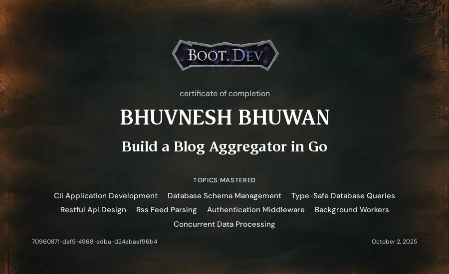 Bhuvnesh Bhuwan's Boot.dev Build a Blog Aggregator in Go certificate