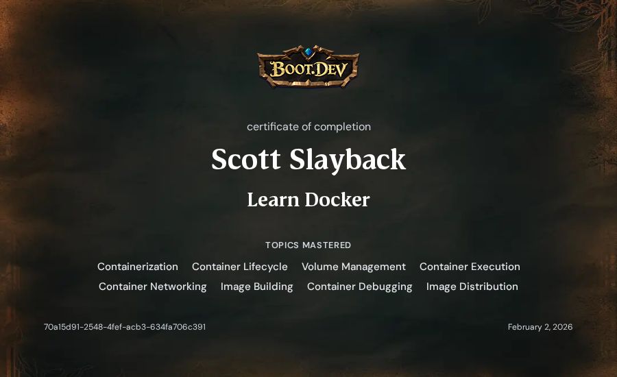 Scott Slayback's Boot.dev Learn Docker certificate