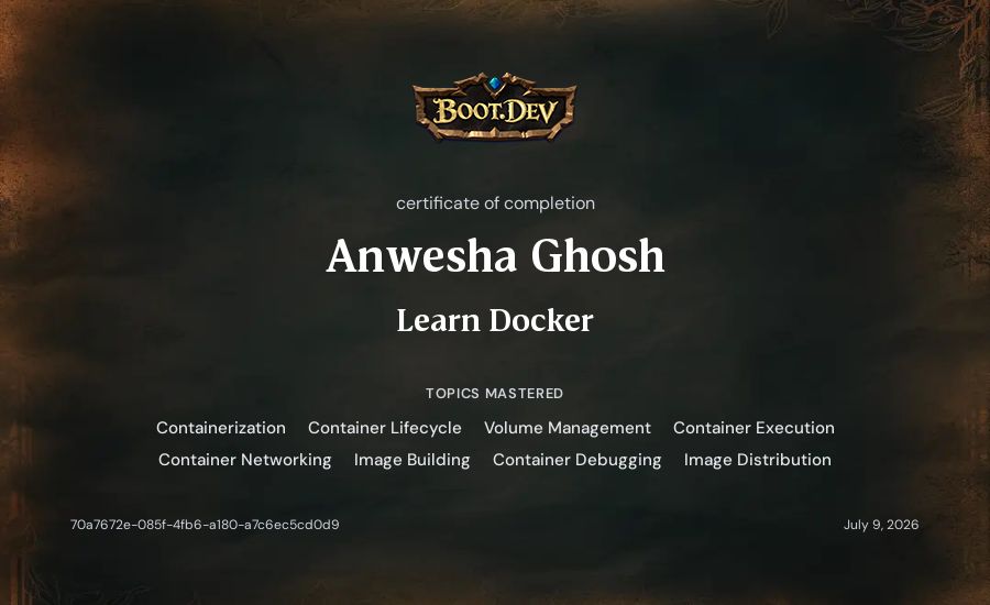 Anwesha Ghosh's Boot.dev Learn Docker certificate