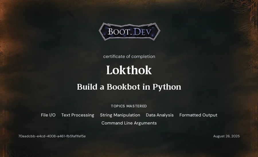 Lokthok's Boot.dev Build a Bookbot in Python certificate