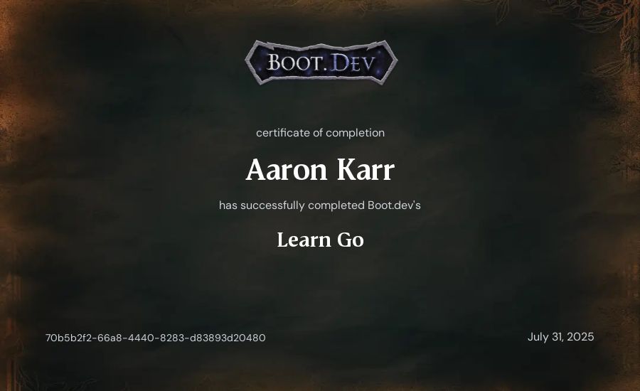 Aaron Karr's Boot.dev Learn Go certificate