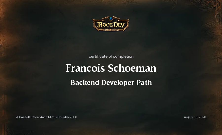 Francois Schoeman's Boot.dev Backend Developer Path certificate