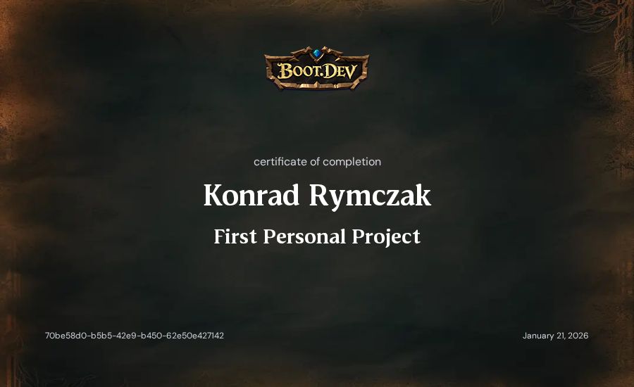Konrad Rymczak's Boot.dev First Personal Project certificate
