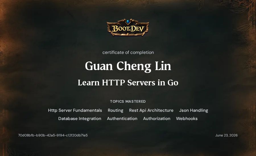 Guan Cheng Lin's Boot.dev Learn HTTP Servers in Go certificate
