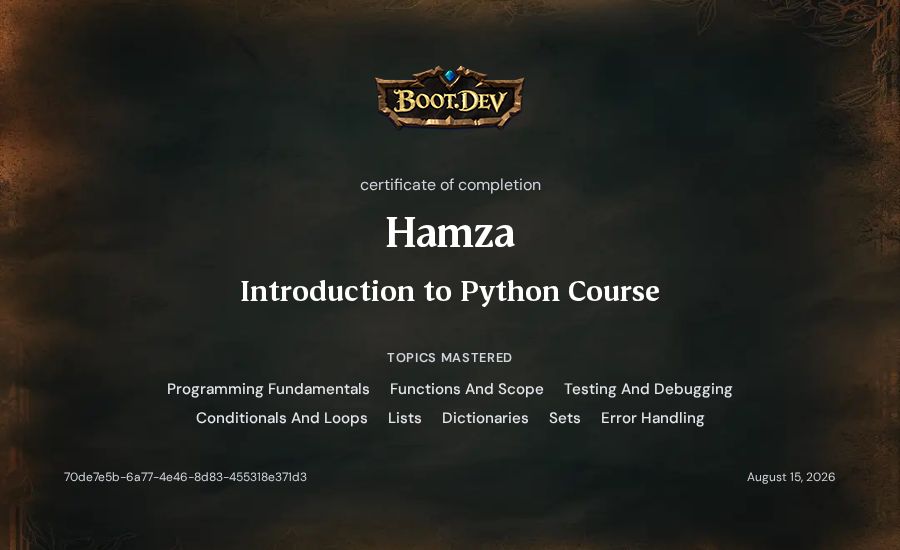 Hamza's Boot.dev Introduction to Python Course certificate