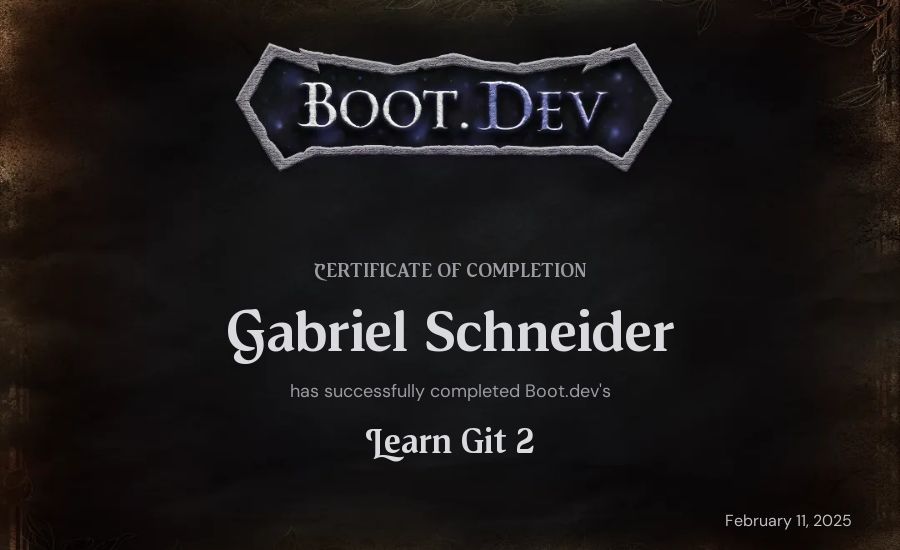 Gabriel Schneider's Boot.dev Learn Git 2 certificate