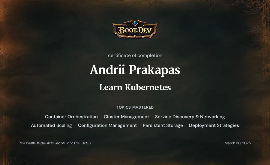 Andrii Prakapas's Boot.dev Learn Kubernetes certificate