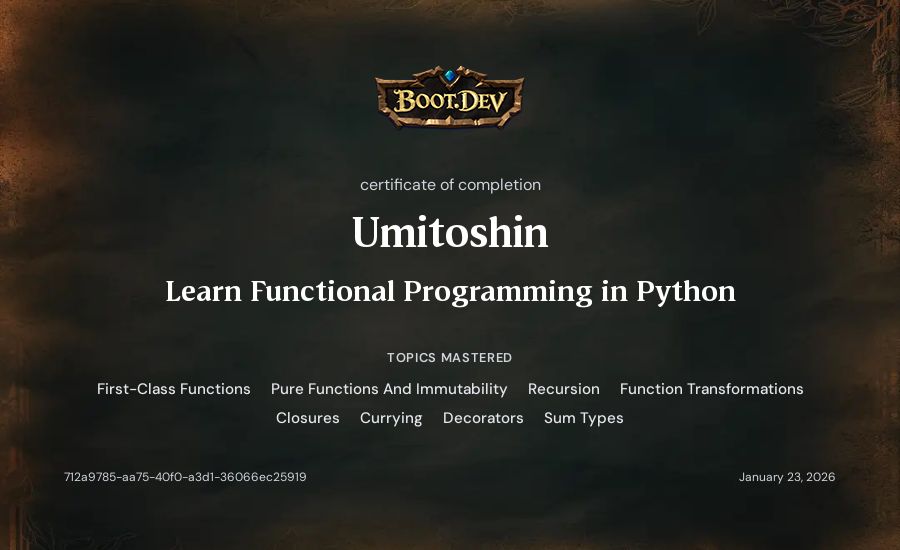 Umitoshin's Boot.dev Learn Functional Programming in Python certificate