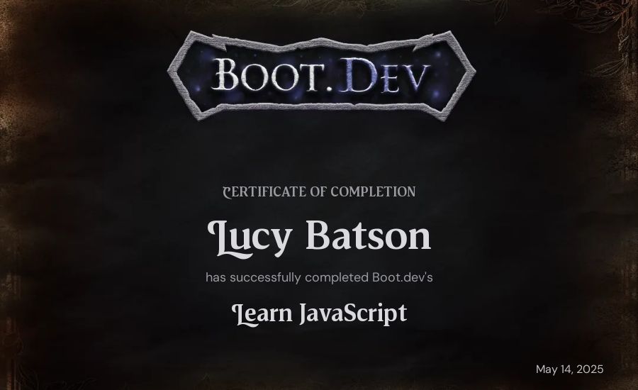Lucy Batson's Boot.dev Learn JavaScript certificate