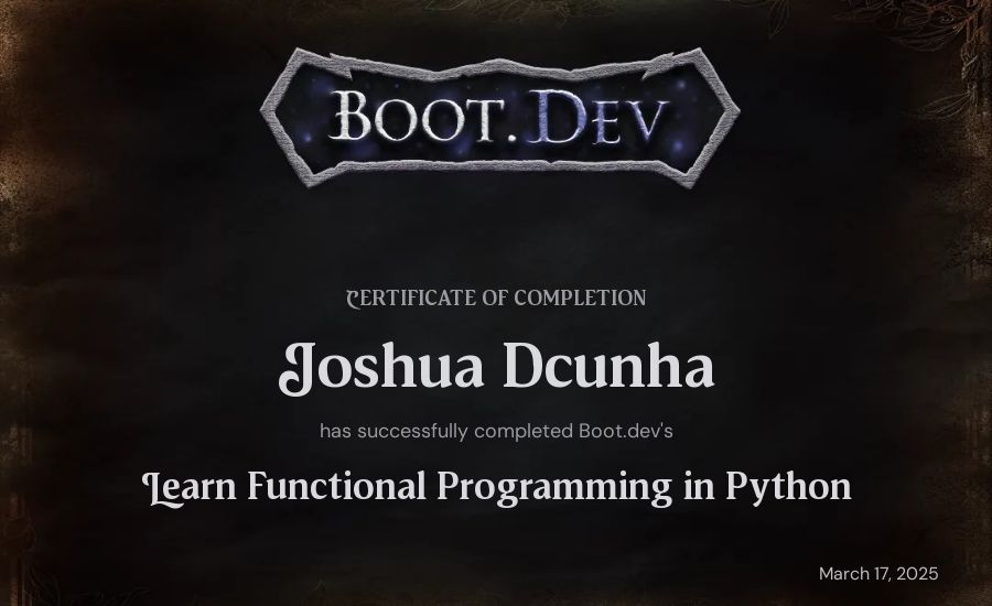 Joshua Dcunha's Boot.dev Learn Functional Programming in Python certificate