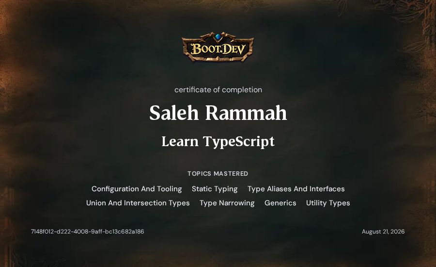 Saleh Rammah's Boot.dev Learn TypeScript certificate