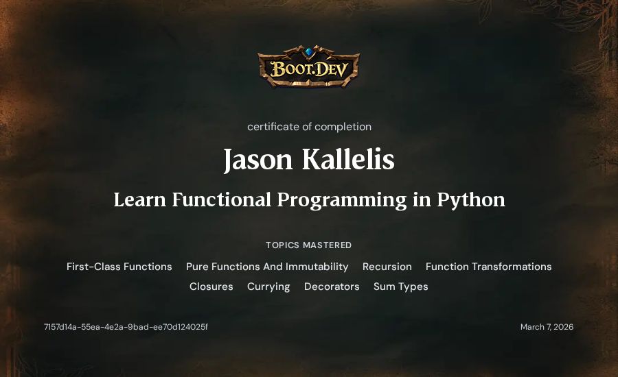 Jason Kallelis's Boot.dev Learn Functional Programming in Python certificate