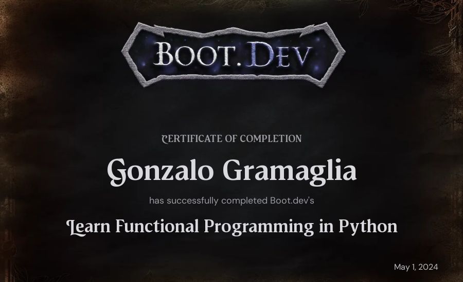 Gonzalo Gramaglia's Boot.dev Learn Functional Programming in Python certificate