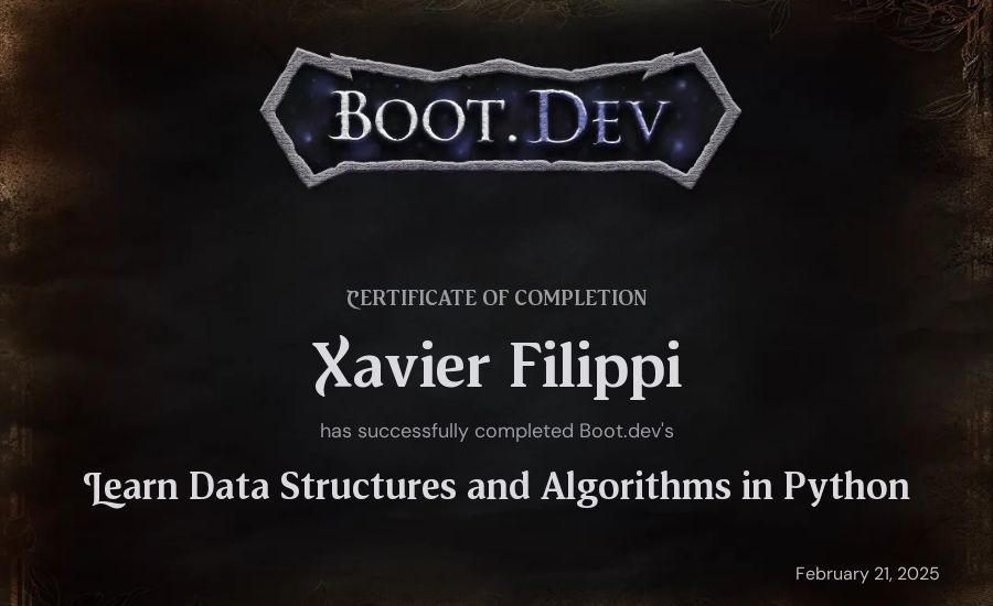 Xavier Filippi's Boot.dev Learn Data Structures and Algorithms in Python certificate