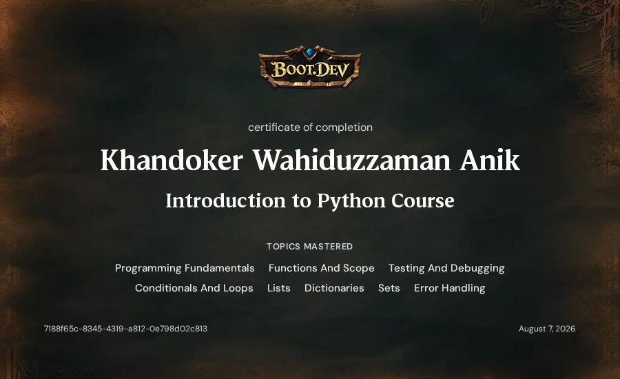 Khandaker Wahiduzzaman Anik's Boot.dev Introduction to Python Course certificate