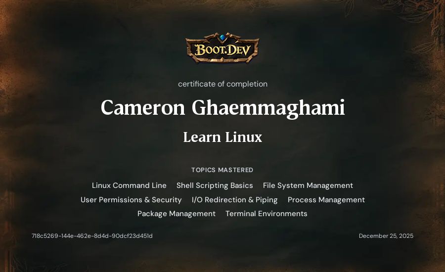 Cameron Ghaemmaghami's Boot.dev Learn Linux certificate