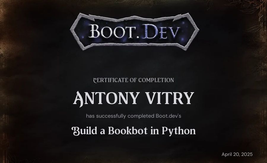 ANTONY VITRY's Boot.dev Build a BookBot in Python certificate