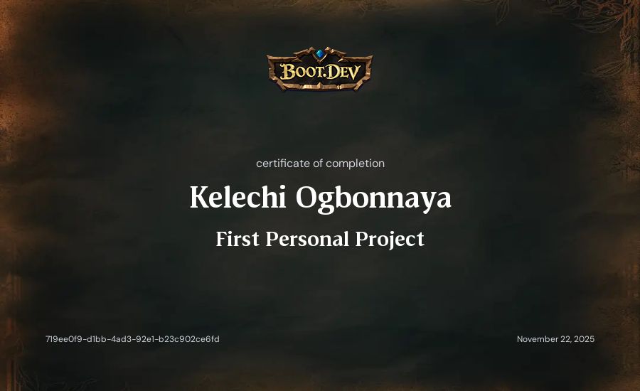 Kelechi Ogbonnaya's Boot.dev First Personal Project certificate