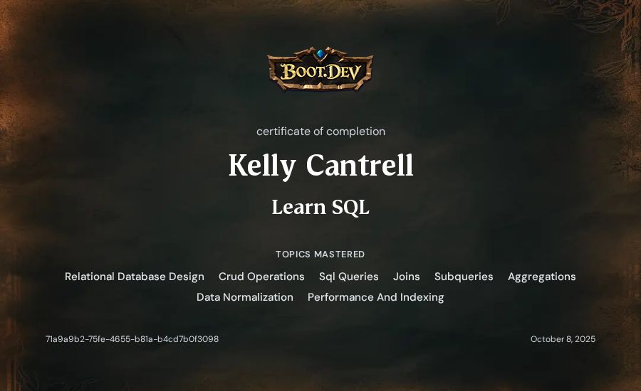 Kelly Cantrell's Boot.dev Learn SQL certificate