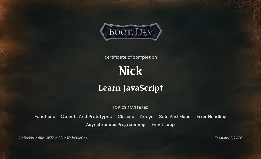 Nick's Boot.dev Learn JavaScript certificate