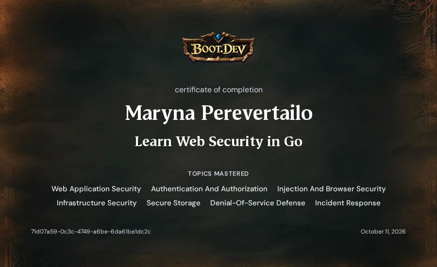 Maryna Perevertailo's Boot.dev Learn Web Security in Go certificate