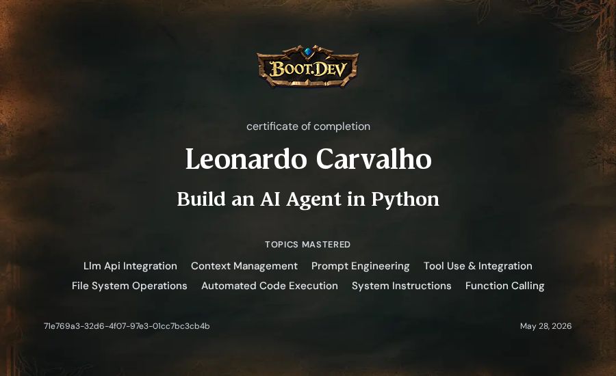 Leonardo Carvalho's Boot.dev Build an AI Agent in Python certificate