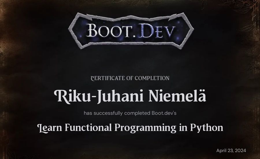Riku-Juhani Niemelä's Boot.dev Learn Functional Programming in Python certificate