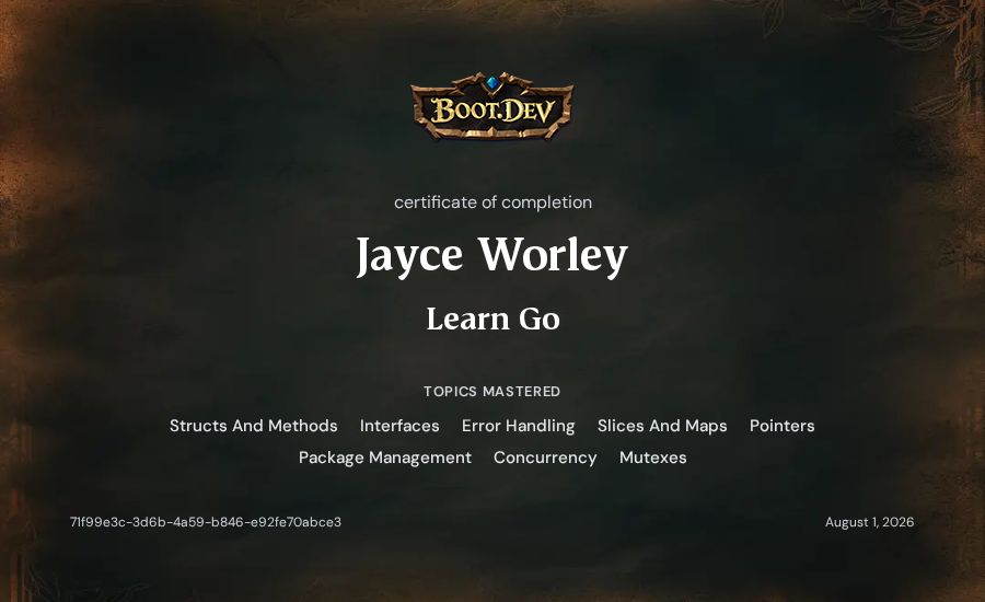 Jayce Worley's Boot.dev Learn Go certificate