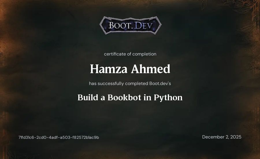 Hamza Ahmed's Boot.dev Build a BookBot in Python certificate