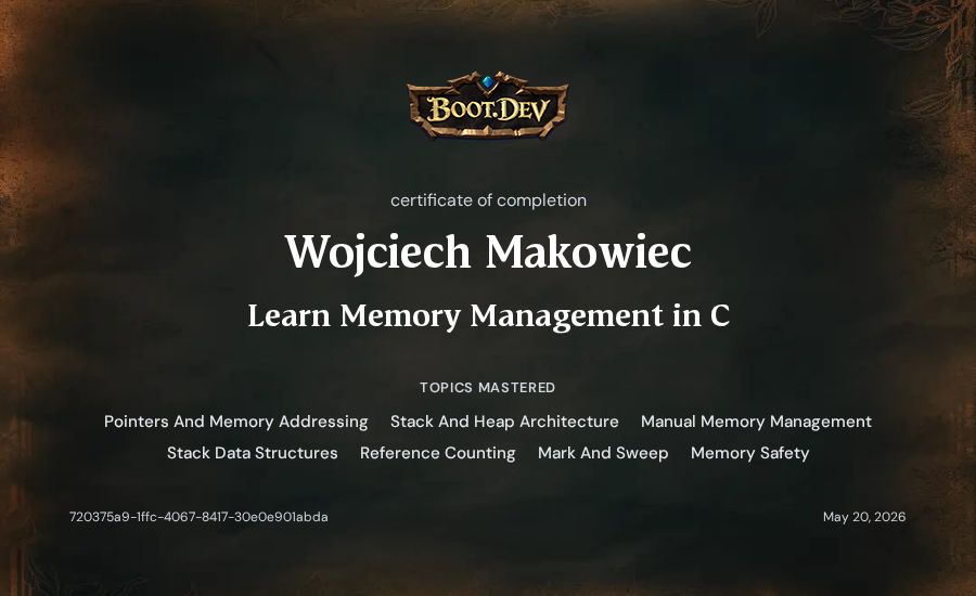 Wojciech Makowiec's Boot.dev Learn Memory Management in C certificate