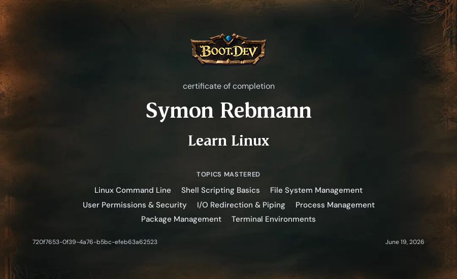 Symon Rebmann's Boot.dev Learn Linux certificate