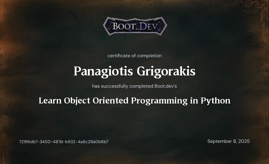 Panagiotis Grigorakis's Boot.dev Learn Object Oriented Programming in Python certificate
