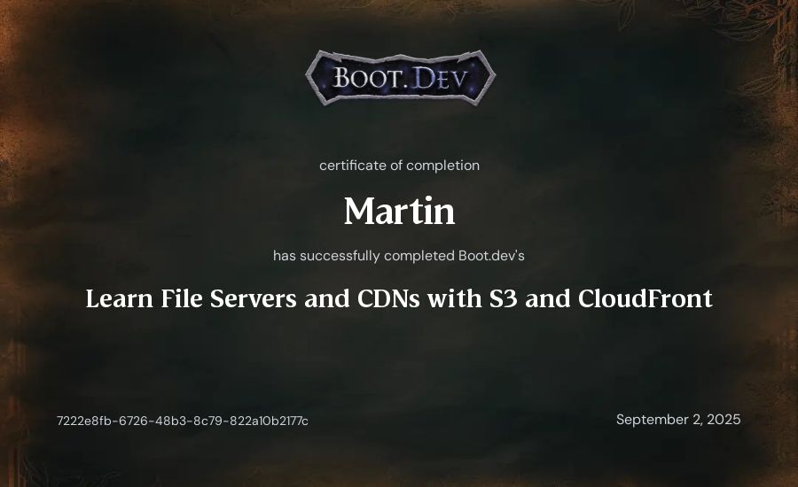Martin's Boot.dev Learn File Servers and CDNs with S3 and CloudFront certificate