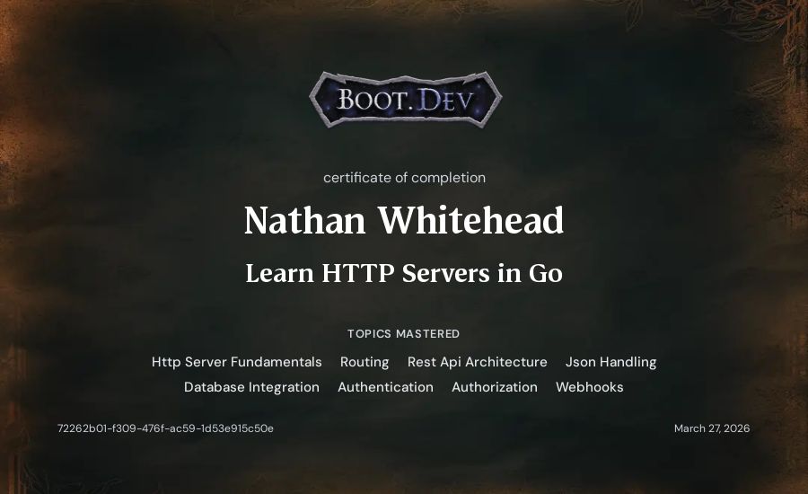 Nathan Whitehead's Boot.dev Learn HTTP Servers in Go certificate