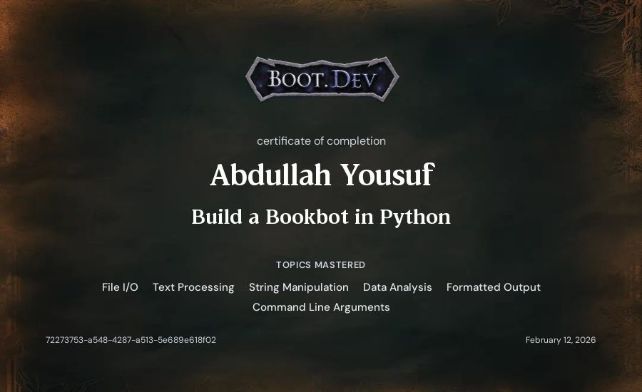 Abdullah Yousuf's Boot.dev Build a Bookbot in Python certificate