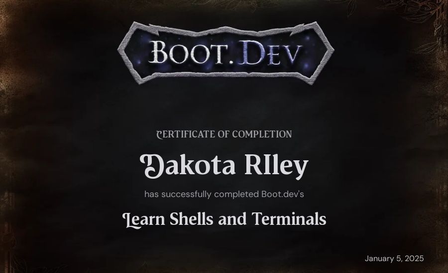 Dakota Riley's Boot.dev Learn Linux certificate