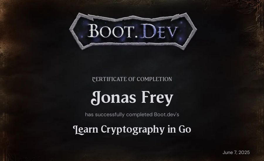 Jonas Frey's Boot.dev Learn Cryptography in Go certificate