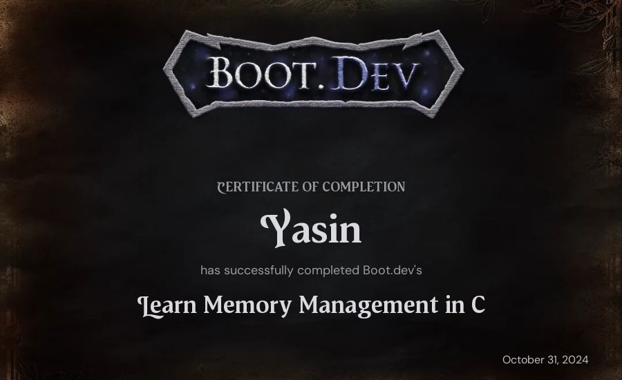 Yasin's Boot.dev Learn Memory Management in C certificate