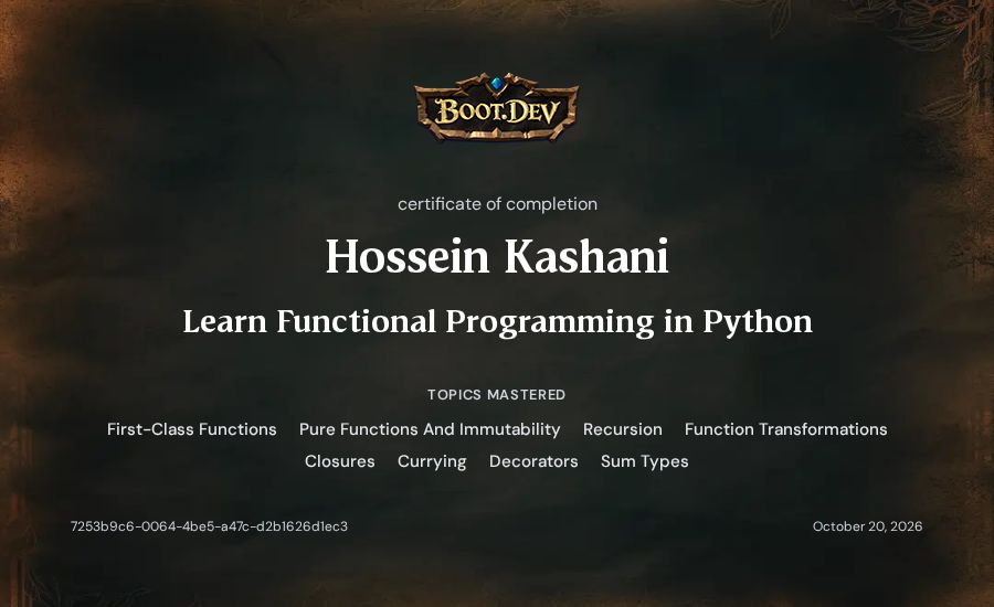 Hossein Kashani's Boot.dev Learn Functional Programming in Python certificate